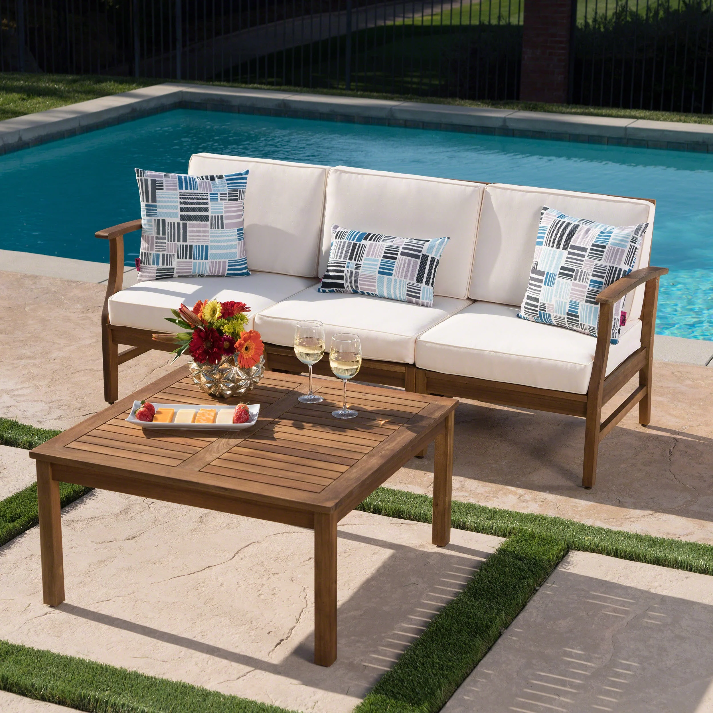 Bodhi Outdoor 3 Seater Acacia Wood Sofa and Table Set with Cushions, Teak, Cream