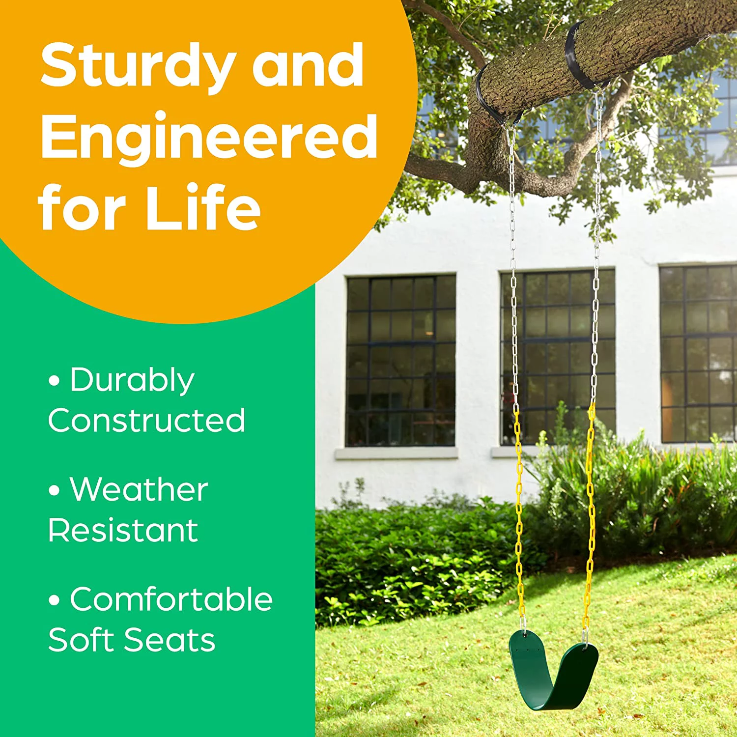 Jungle Gym Kingdom Outdoor Swing Seat Replacement - Pack of 1 Replacement Swings for Swingsets for Outside with Plastic Coated Chains and 2 Hooks, Playground Accessories, Green