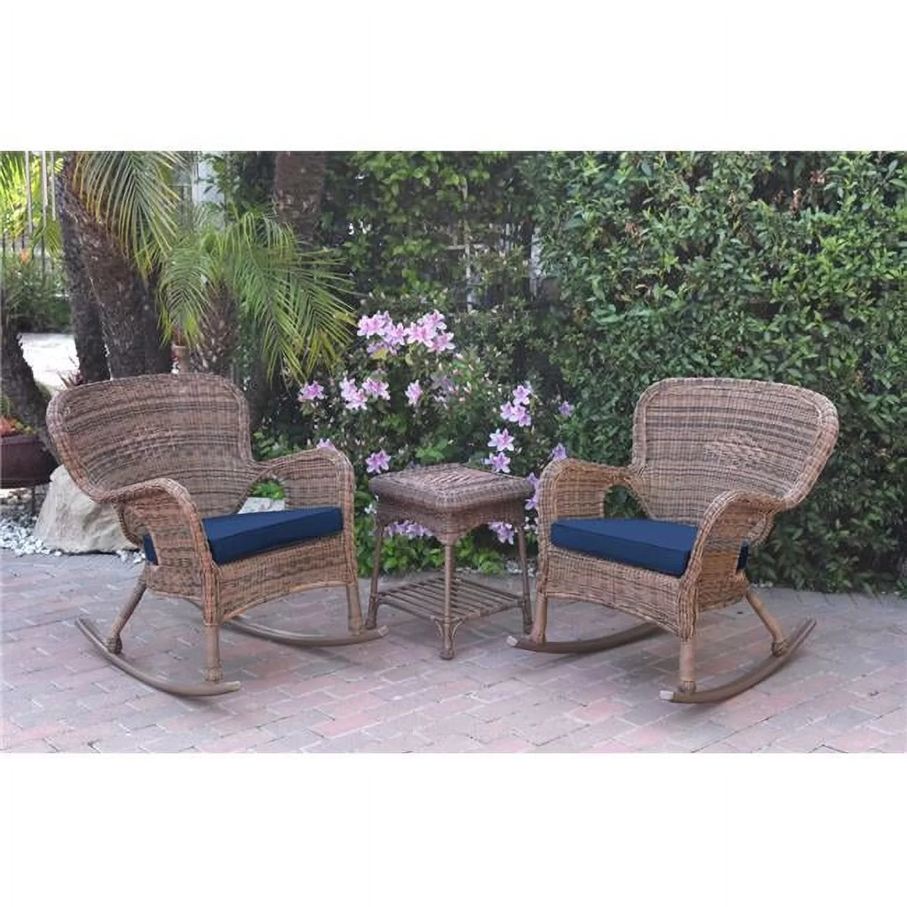 W00212-2-RCES011 Windsor Honey Wicker Rocker Chair & End Table Set with Blue Cushion