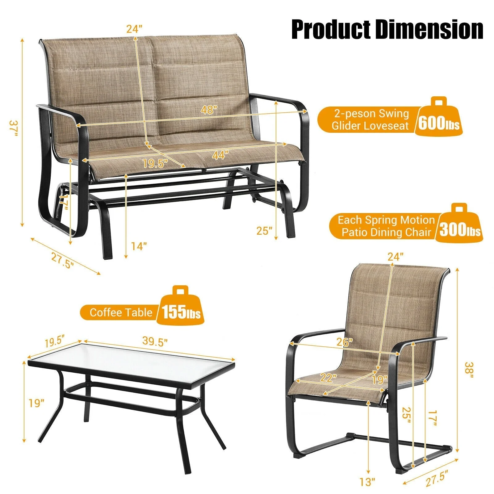 4 PCS Outdoor Patio Furniture Set Padded Chairs Glider Loveseat Coffee Table