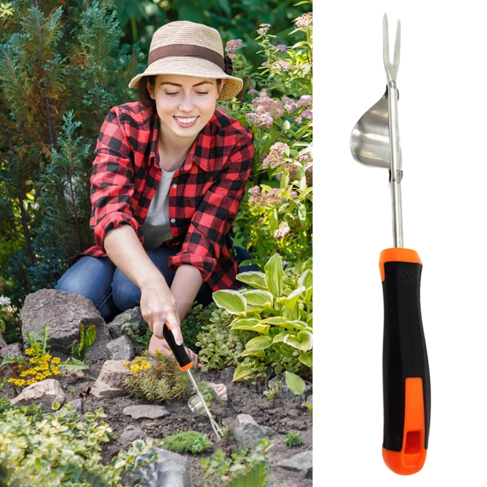 pdqouc Garden Manual Weeder Stainless Steel Weeder Mower Combined Scraper Wooden Handle Weeder Manual Weeder for Digging Weeding and Loosening Gardening Tools