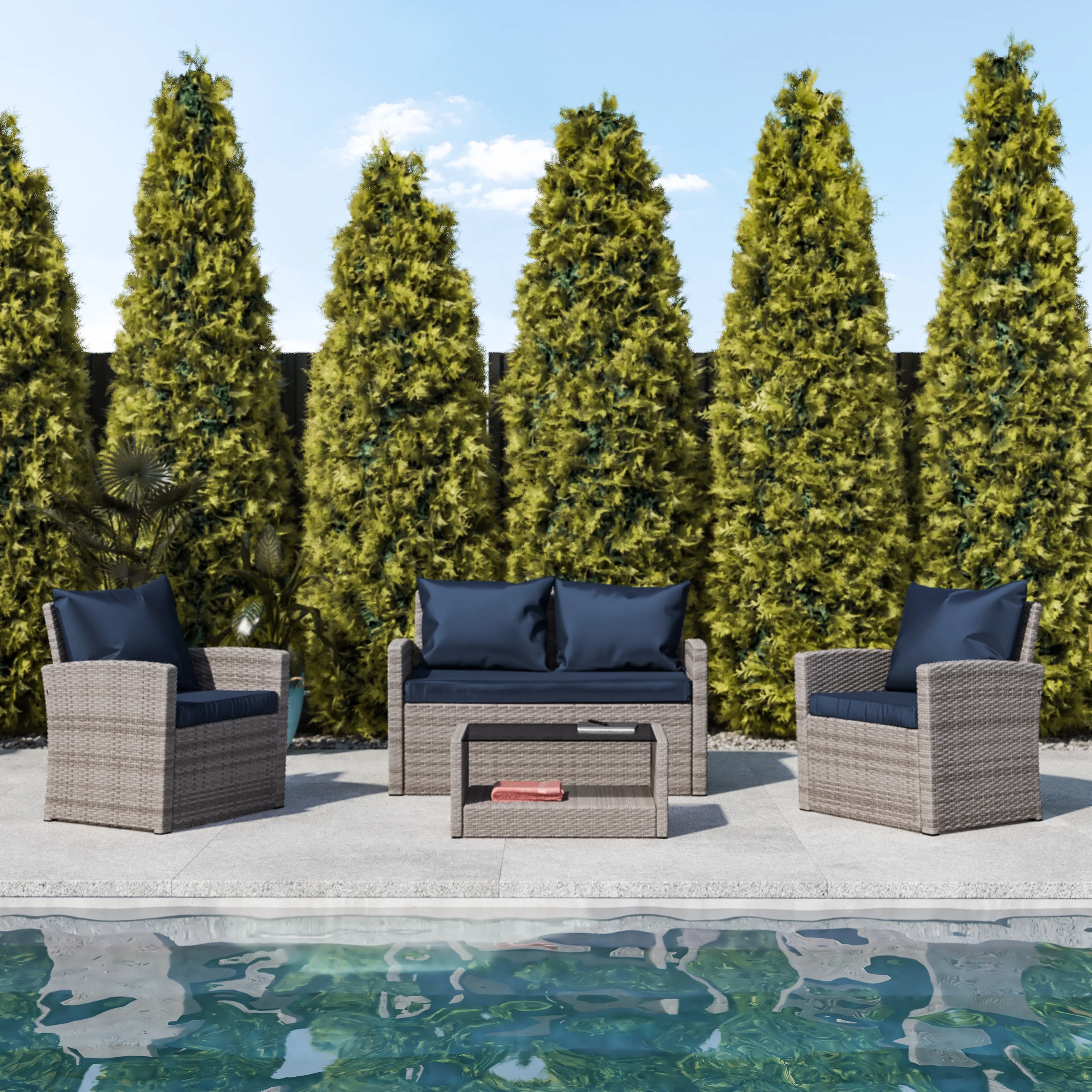 BizChair Series 4 Piece Light Gray Patio Set with Navy Back Pillows and Seat Cushions