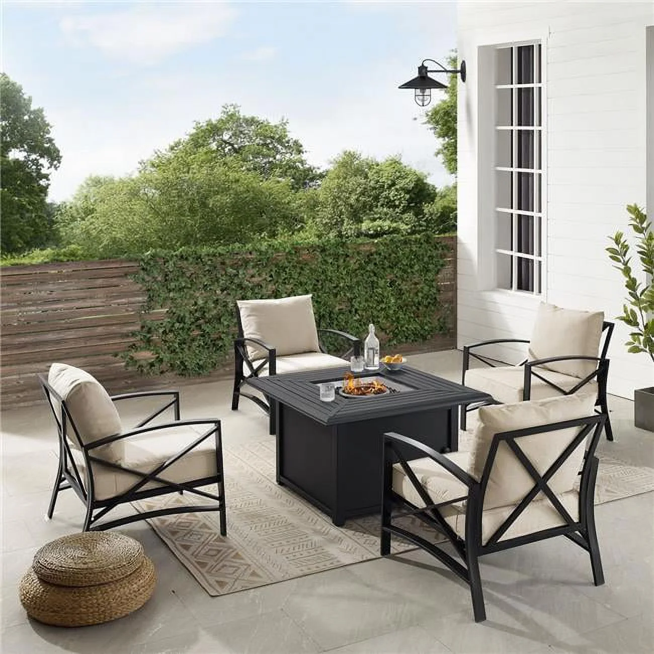 Outdoor Conversation Set with Fire Table, Oatmeal & Oil Rubbed Bronze - Dante Fire Table & 4 Arm Chairs - 5 Piece