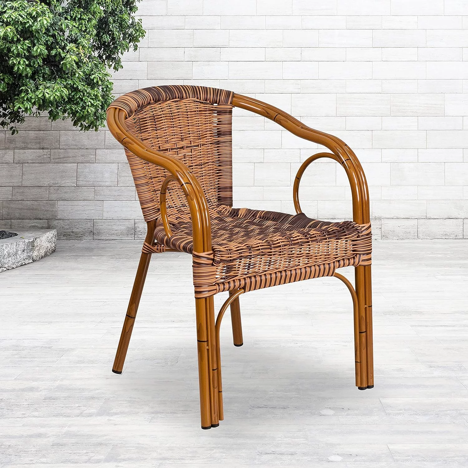 Brown Rattan Patio Chair with Dark Red Bamboo-Aluminum Frame