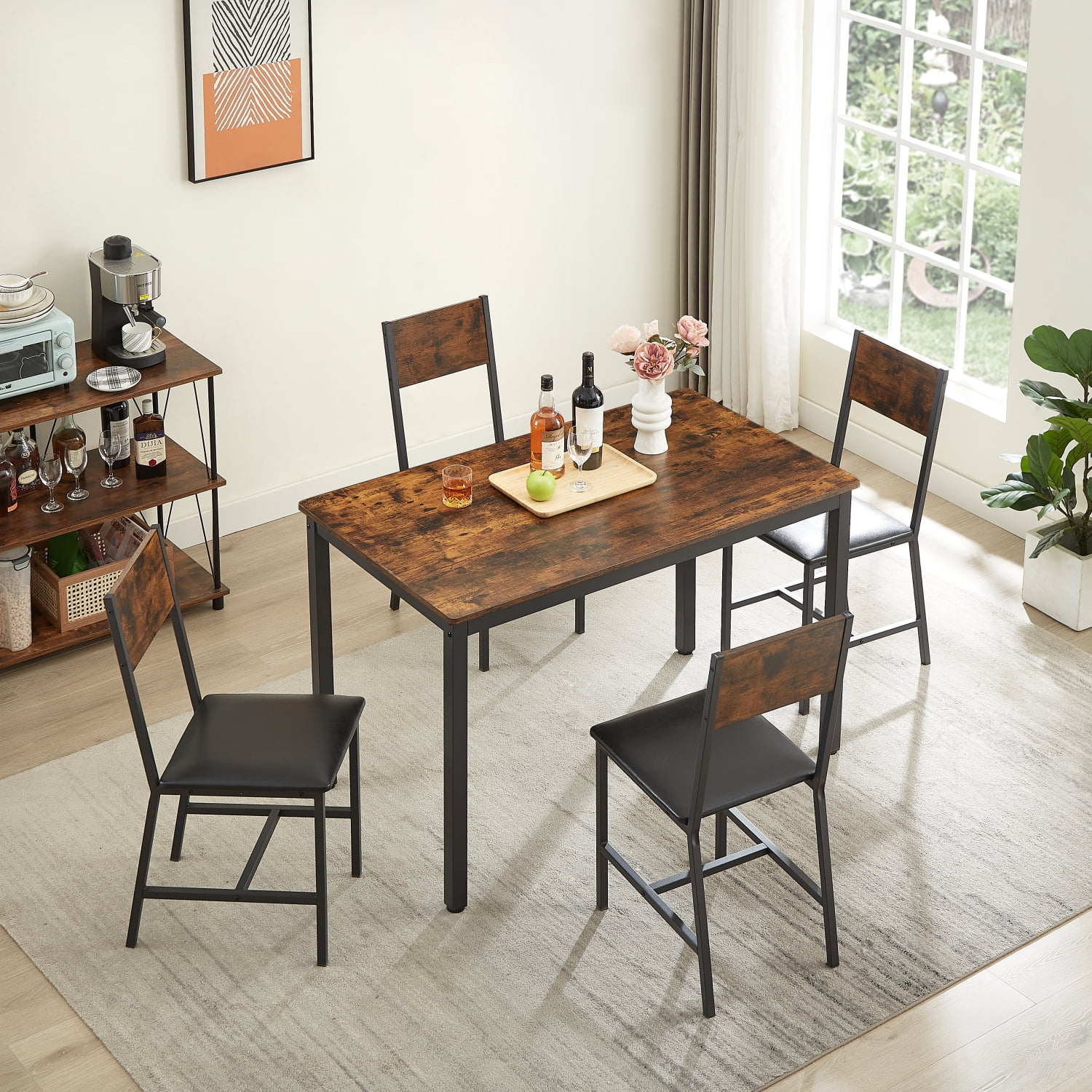 Rustic Brown Upholstered Dining Set for 5 People with 4 Comfortable Chairs  47.2‘‘ L x 27.6‘‘ W x 29.7‘‘ H  Ideal for Kitchen or Dining Room Decor
