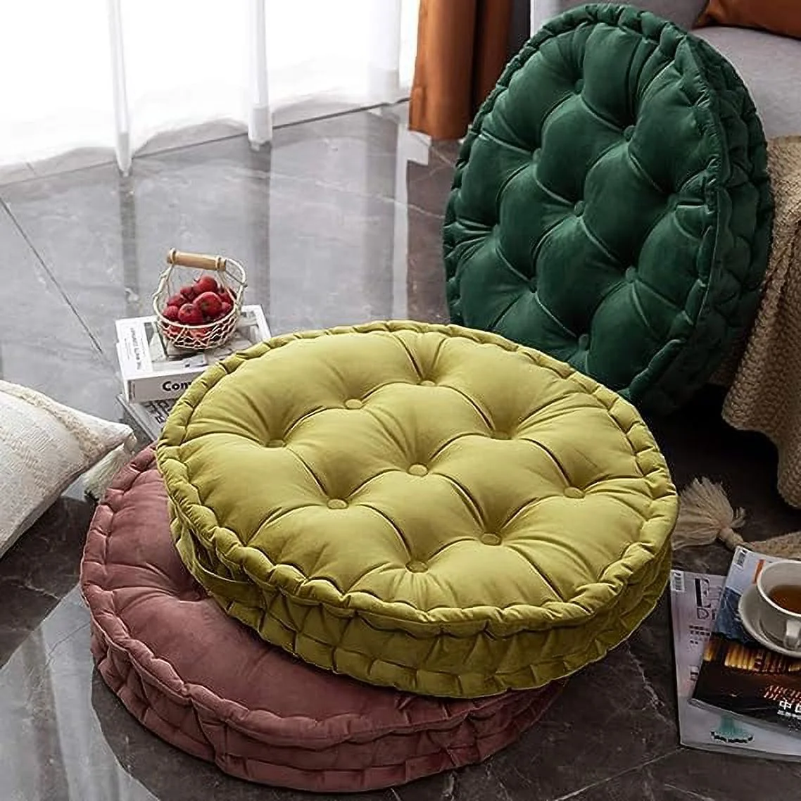 Zhuge Round Floor Pillow with Handle Solid Thick Chair Cushion Super Soft Comfy Seat Cushion Meditation Cushion for Yoga Living Room Sofa Balcony Outdoor (Pink, Diameter 24