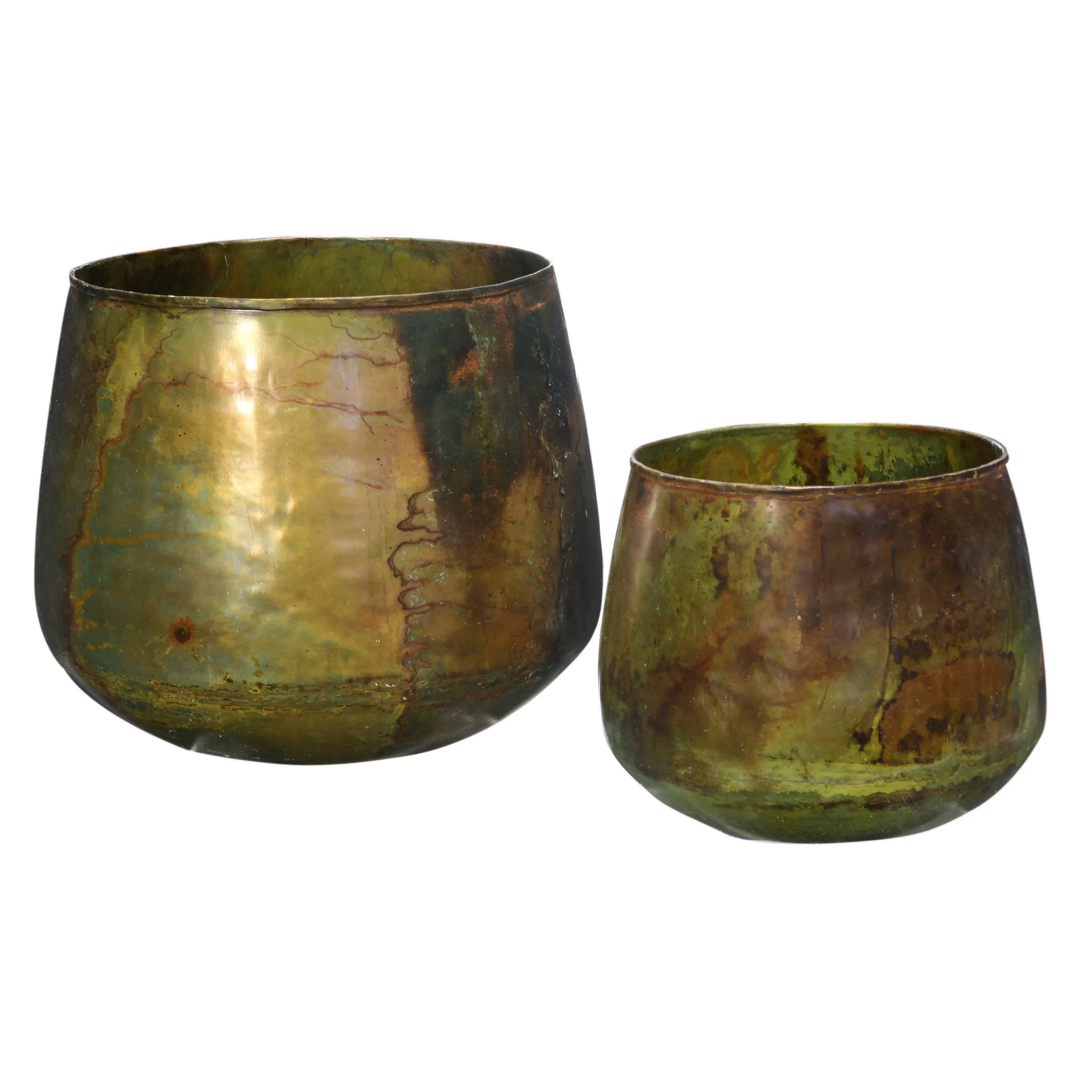 Bloomingville Various Round Metal Planters with Oxidized Finish, Green, Set of 2
