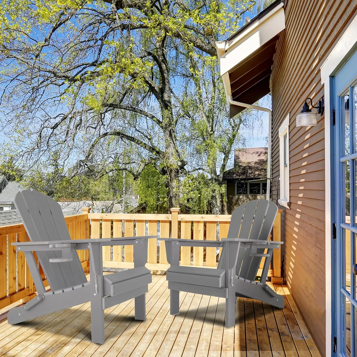 Folding Adirondack Chair Gardens, Fire Pit Chair with Plastic Cup Holder, Decks, Seaside Weather Resistant, Waterproof, Easy to Assemble (Grey)