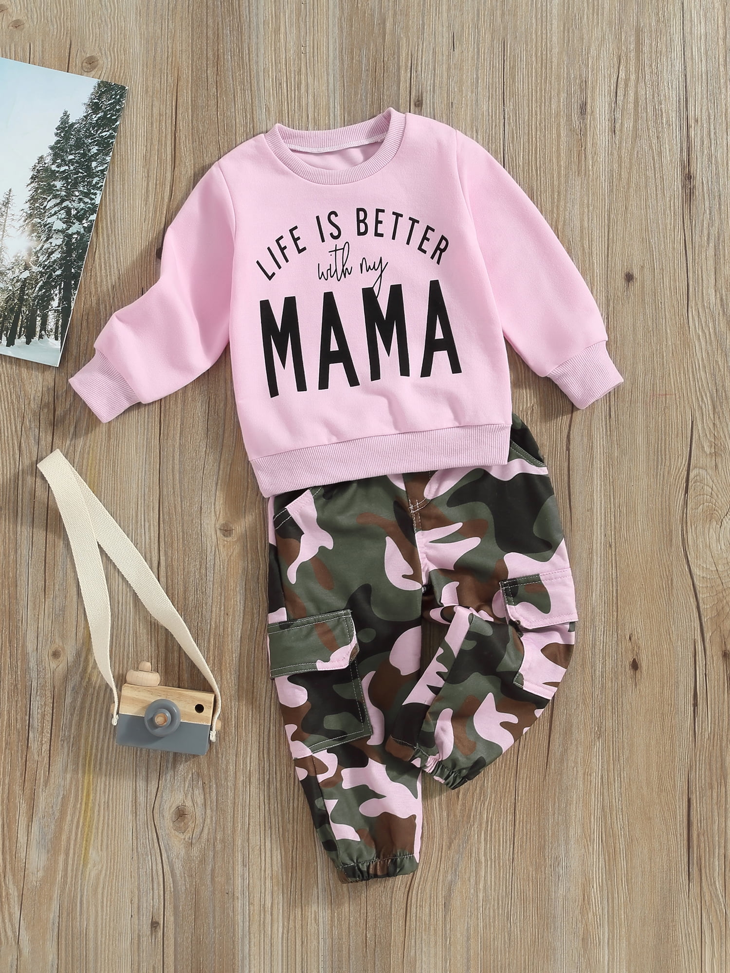 Toddler Baby Girls Fall Clothes Letter Print Long Sleeve Sweatshirt and Camouflage Pants Set 2PCS Infant Outfit