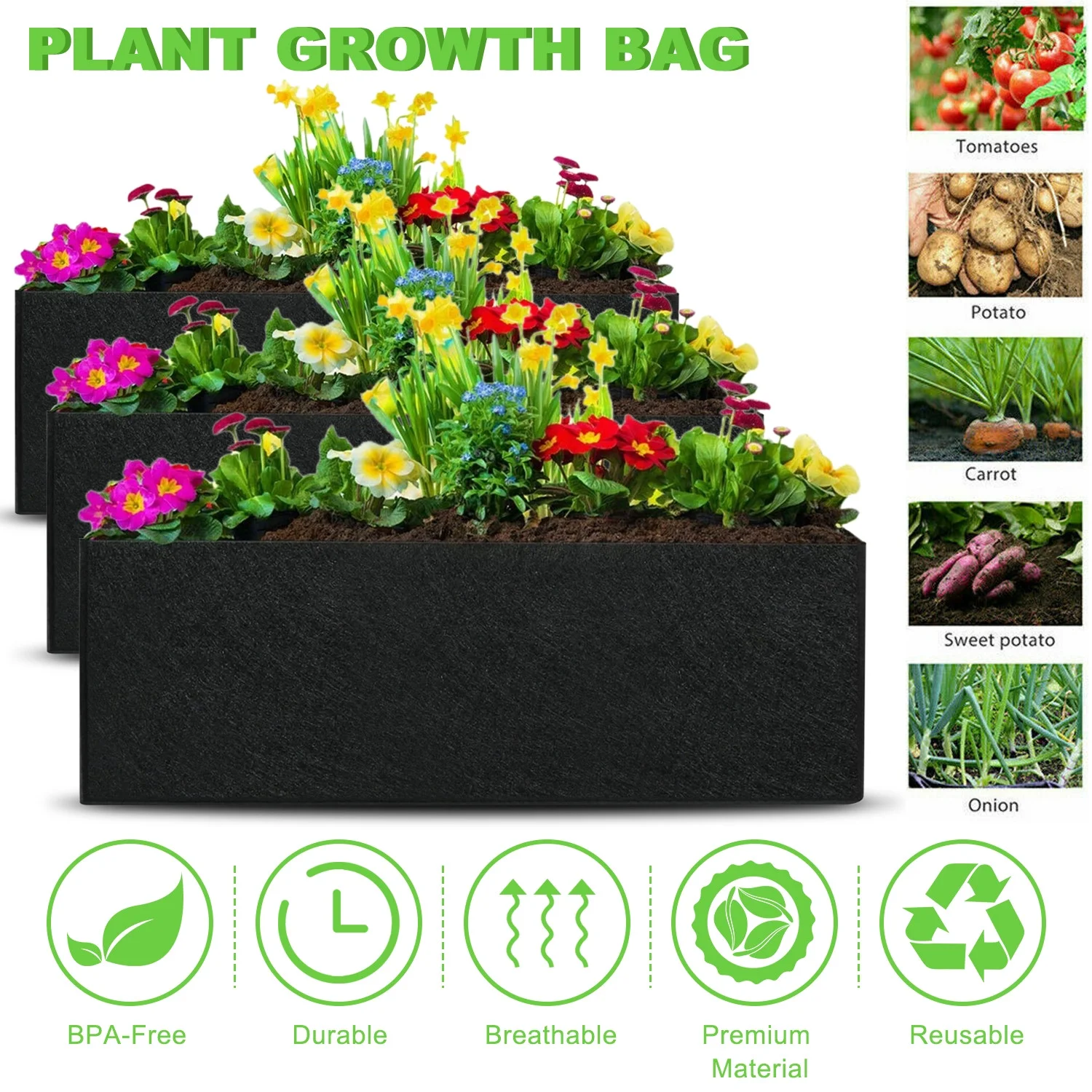 Elegant Choise 9.5 Gallon Fabric Raised Garden Reusable Square Large Grow Bag Fabric Pots Vegetable Planting Bag Pots Container with Handles for Plants Flowers Vegetables