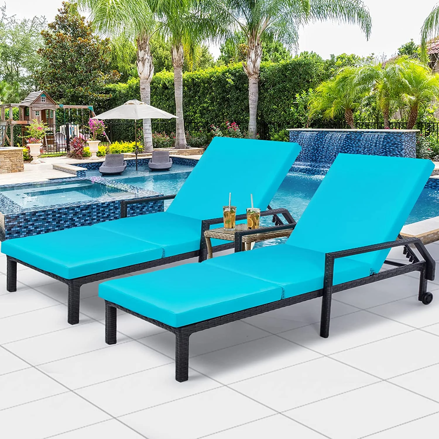HBLUKDL Chaise Lounge Chairs for Outside Outdoor Lounge Chairs   Adjustable PE Rattan Wicker Patio Pool Lounge Chair with Cushion and Wheels for Poolside Backyard Deck Porch Garden  Blue