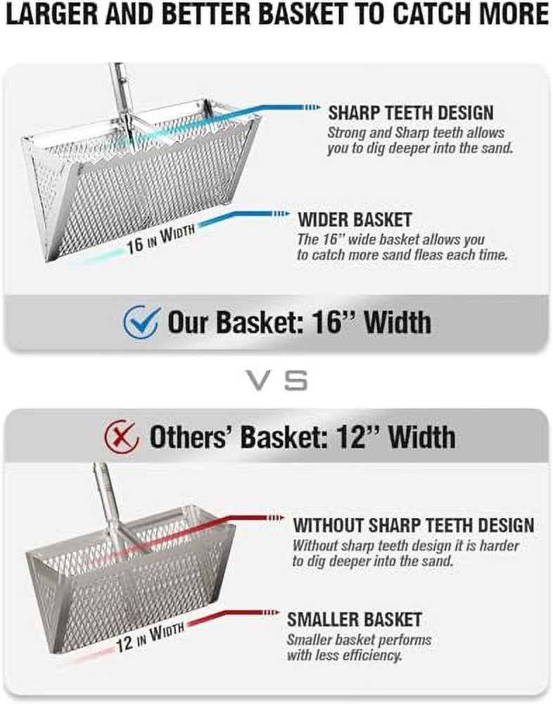 Exact Design Sand Flea Rake,16-Inches Wide Basket, 52 Long Strong Handle, Sharp Teeth, Curved Handle Design [One Piece Handle Version]