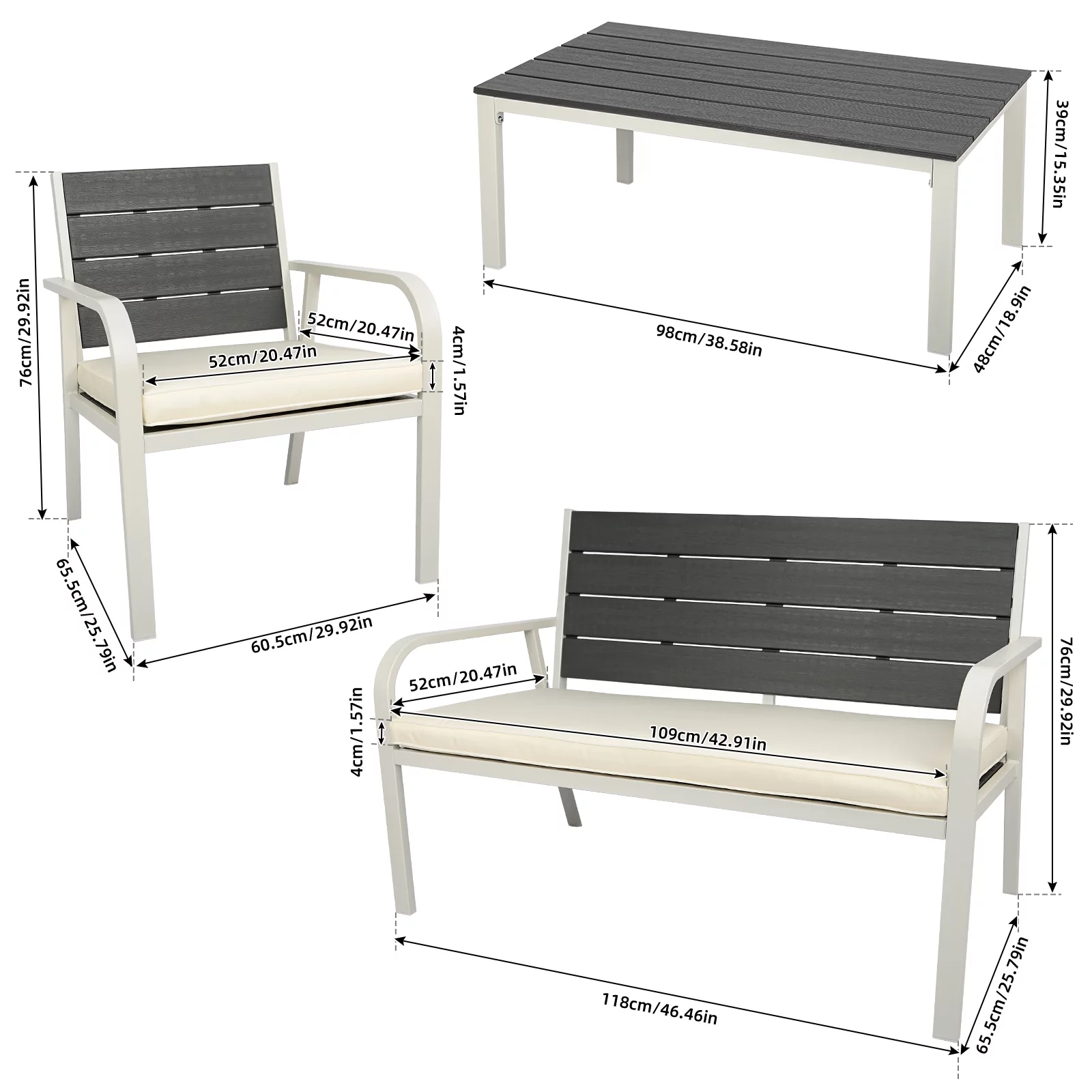 Dcenta 4 Pieces Rustic Sofa Set for 4 Patio Table and Chairs Set All Weather Resistant for Garden Lawn Balcony White