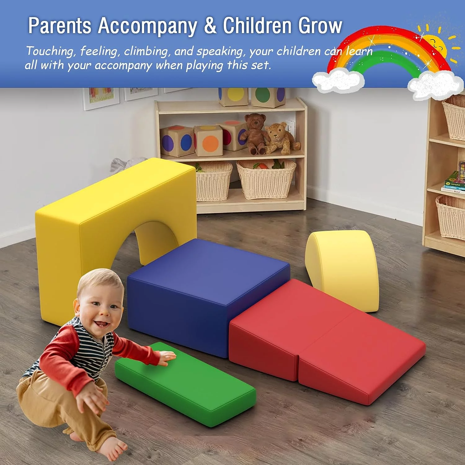 Odaof Foam Climbing Blocks for Toddlers 1-3, Soft Play Climbing for Toddlers, 5 Pieces Baby Climbing Blocks Indoor(Red/Yellow-5)