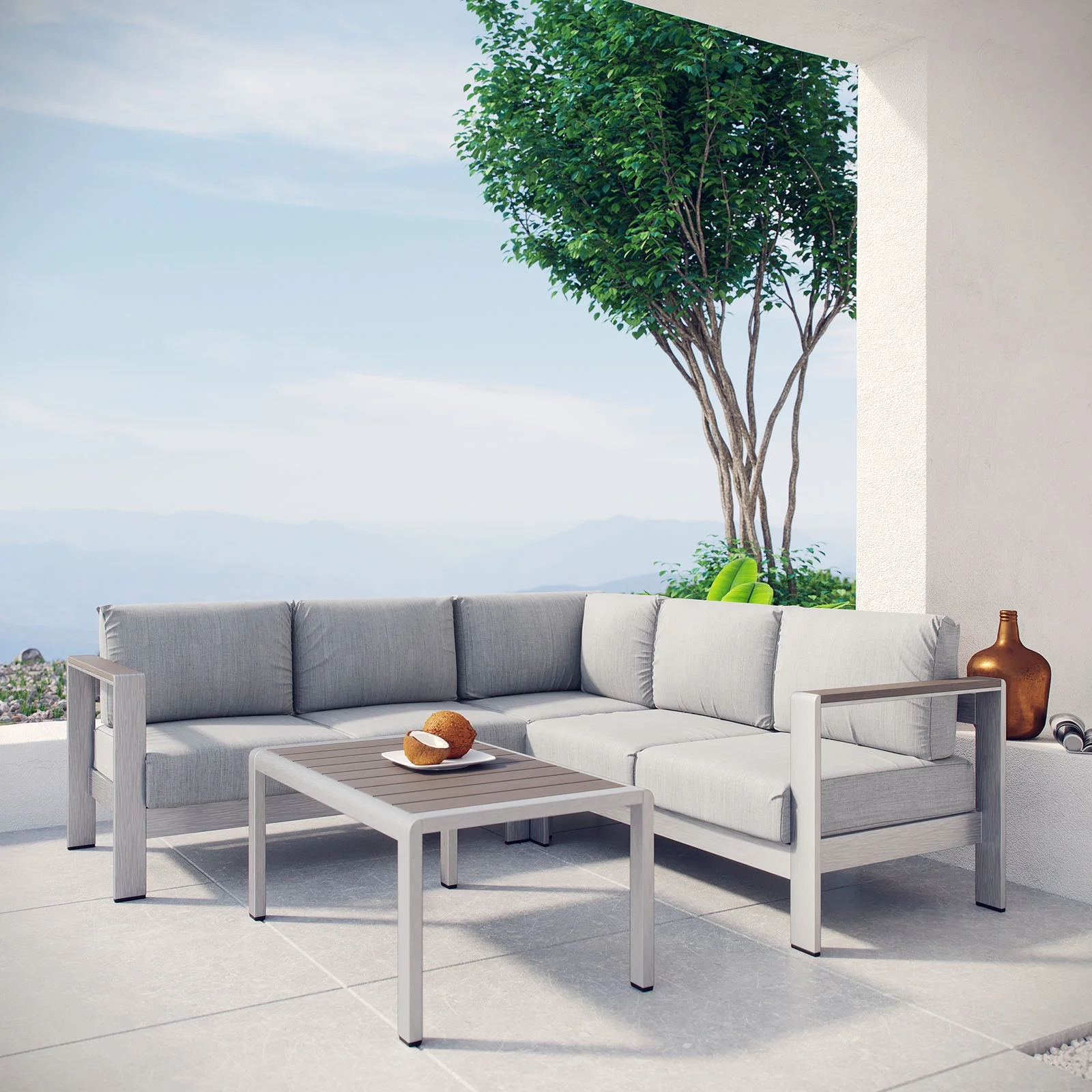Modern Contemporary Urban Design Outdoor Patio Balcony Four PCS Sectional Sofa Set, Grey Gray, Aluminum
