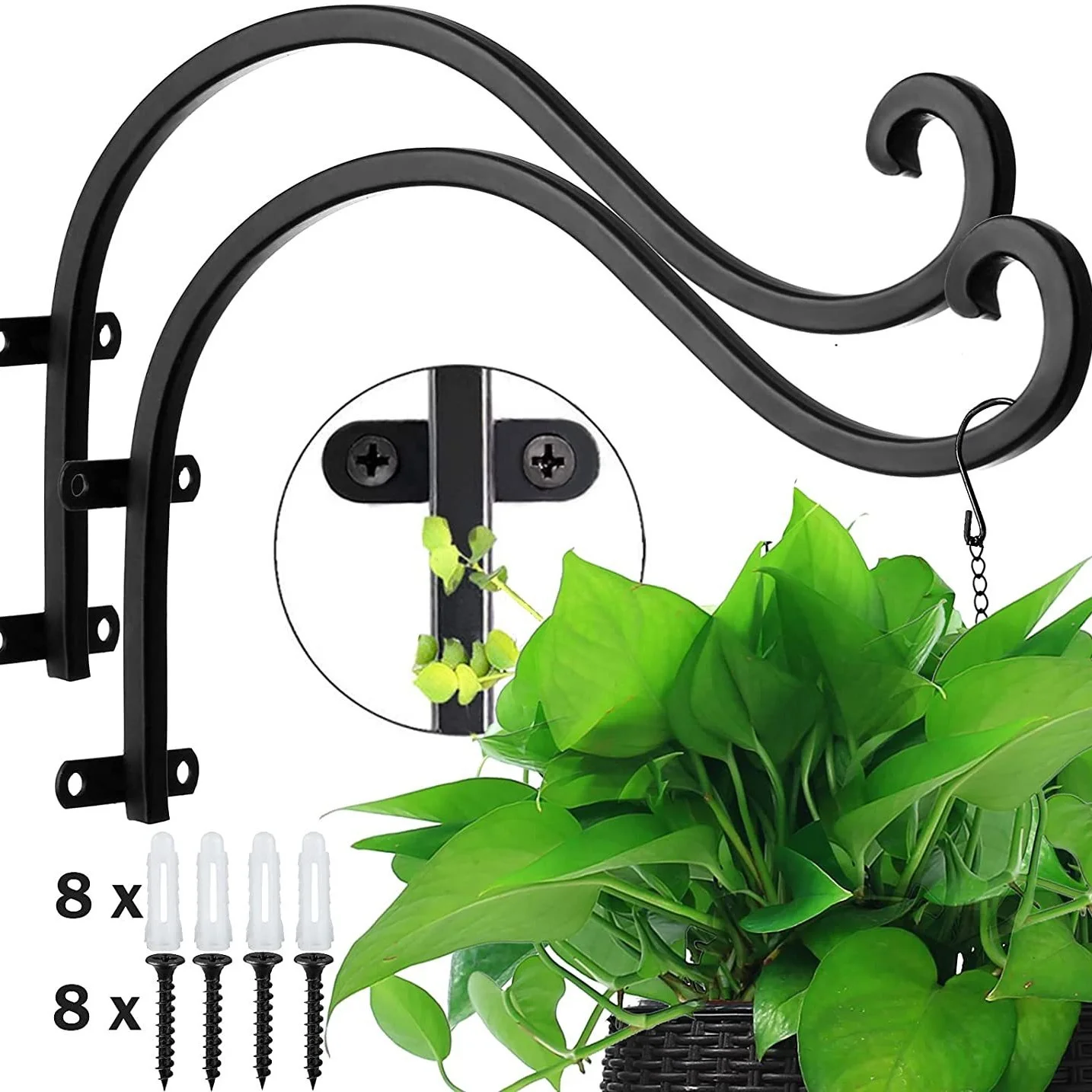 Wall Hanging Plant Brackets, 2 Pack 12 Inch Retro Iron Metal Plant Hooks, Hanging Baskets Plant Hangers Outdoor Indoor, Shepards Hooks for Outdoor Hanging Plants Lantern Bird Feeder, Black