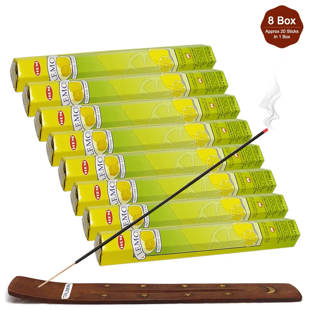 Trumiri Incense Stick Holder Bundle with Hem Lemon 20g Incense Sticks - Pack of 8 (approx 160 Sticks)