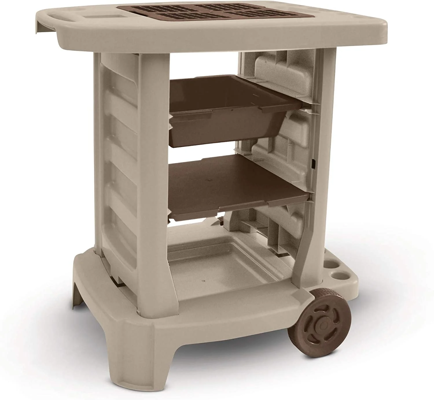 Portable Outdoor Garden Cart - Durable Resin Gardening Center on Wheels - Store Garden Accessories and Equipment - Ideal for Gardening and Outdoor Projects - Taupe
