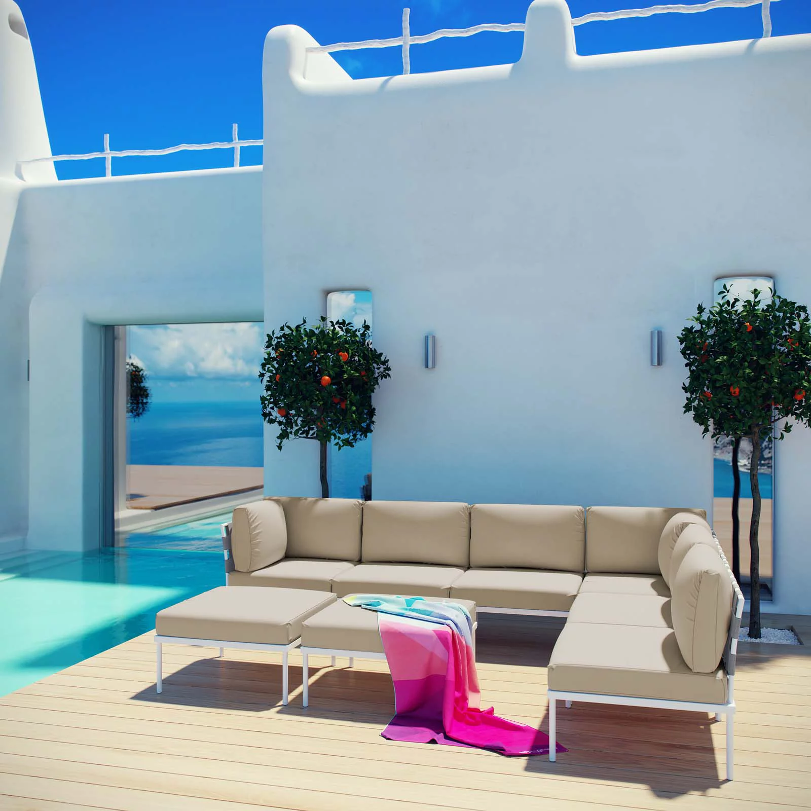 Modern Contemporary Urban Design Outdoor Patio Balcony Eight PCS Sectional Sofa Set, Beige White, Rattan