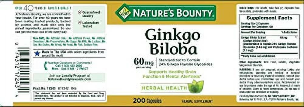 Nature's Bounty Ginkgo Biloba 60 Mg, 200 Capsules (17243)