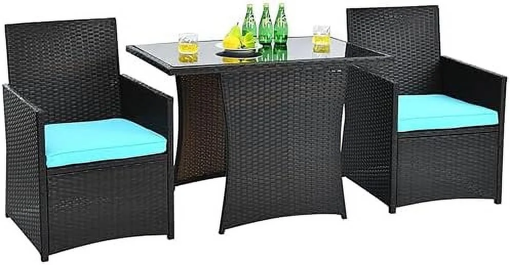 HYHBIBOOM 3 Pieces Patio Dining Set  Outdoor Rattan  with Cushions  Tempered Glass Tabletop  Wicker Conversation Set for Garden Backyard Poolside Porch  White