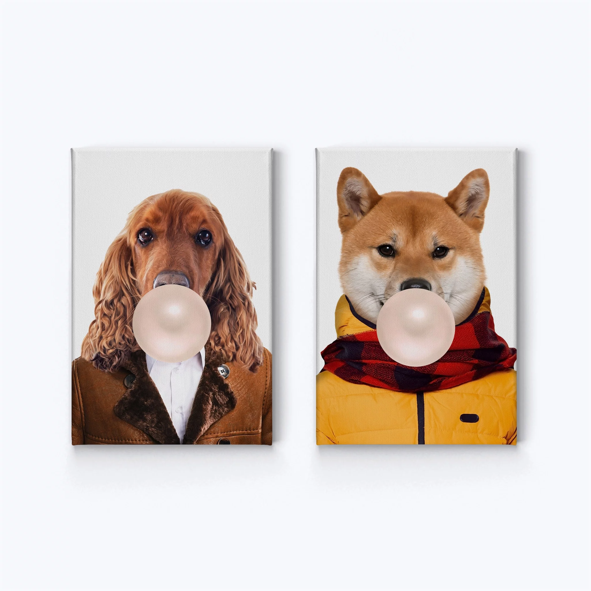 Smile Art Design Portrait of English Cocker and Shiba Inu Dog Chewing Bubble Gum 2 Piece Canvas Wall Art Print Set Animal Pop Art Living Room Bedroom Kids Baby Nursery Room Decor - 28x19
