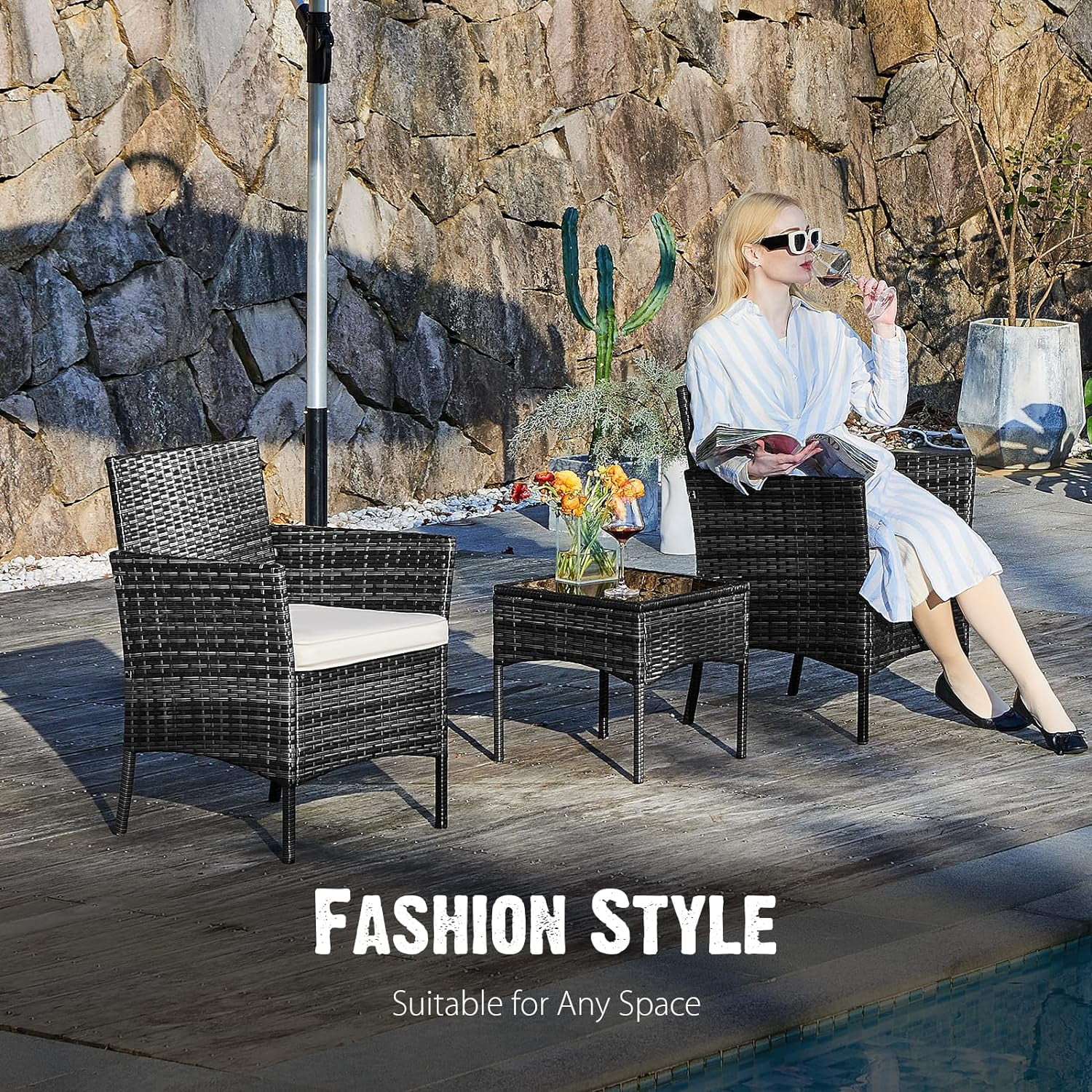 RSJIWOGZ Sweetcripy Patio  Set 3 Pieces  Outdoor  with Soft Cushion and Glass   All Weather Manual Weaving Wicker Rattan Patio Chairs for Garden  Terrace  Porch(Black and Beige)