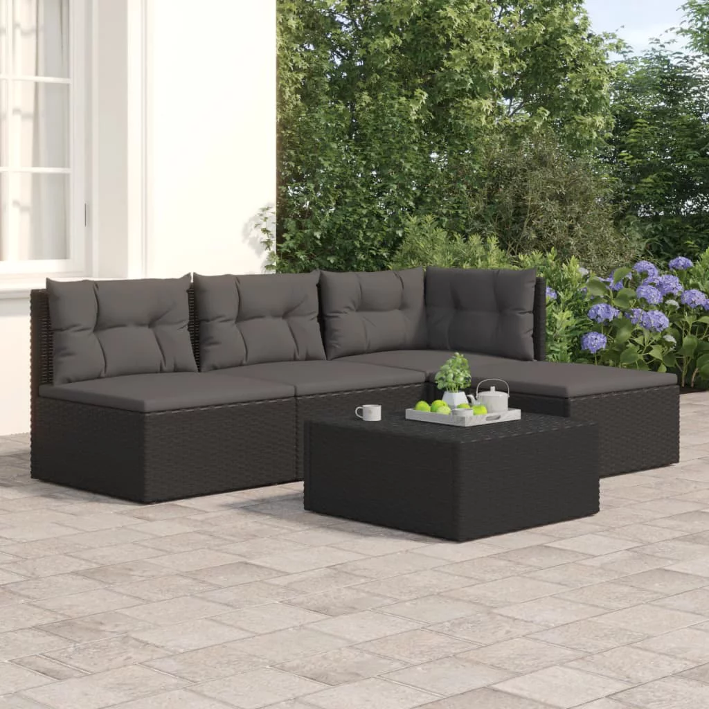 Dcenta 4 Piece Patio Set with Cushions Black Poly Rattan