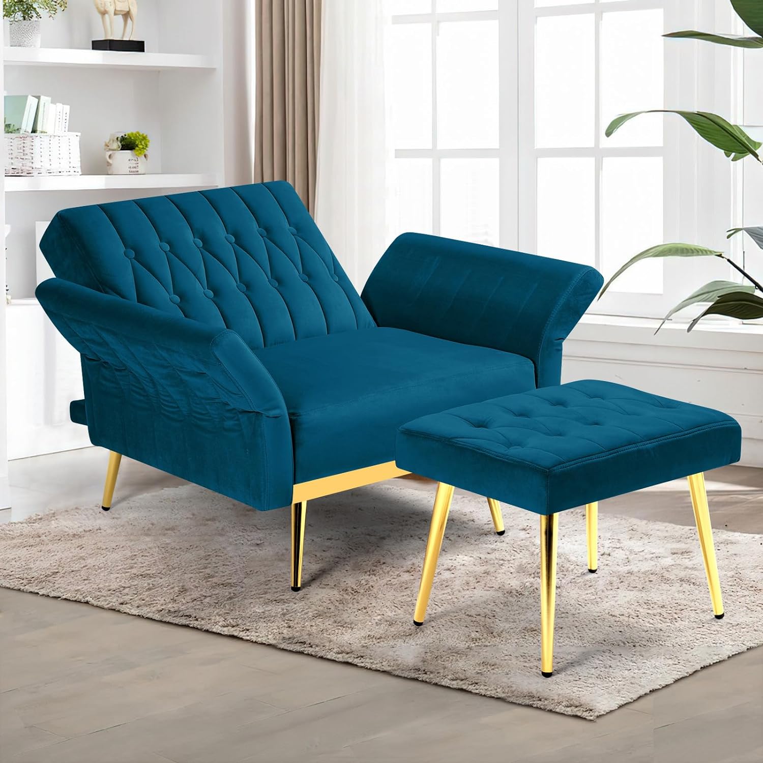 YPDCHB Velvet  Chair with Adjustable Backrest and Armrests  Single  Armchair with Ottoman and Golden Mental Legs  Room  Bedroom and Waiting Room  Teal