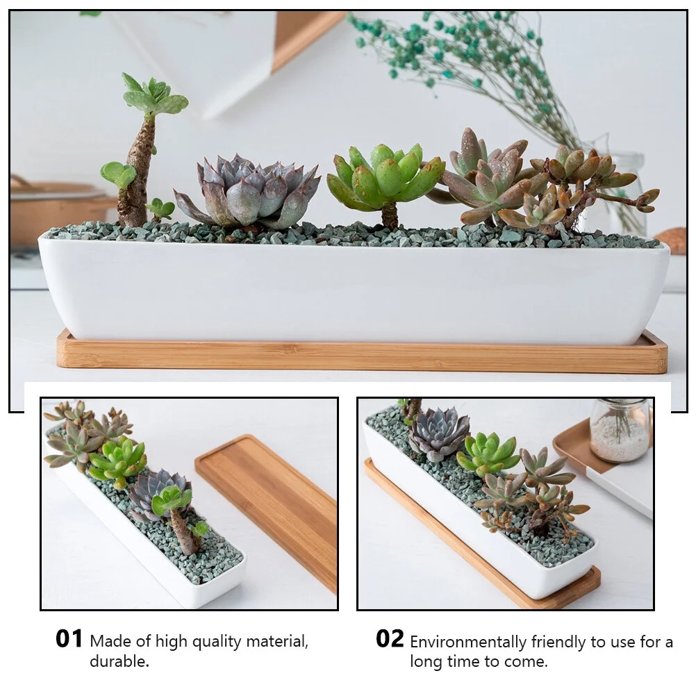 Guichaokj Rectangular Succulent Flowerpot Gardening Ceramic Plant Pot with Bamboo Saucer
