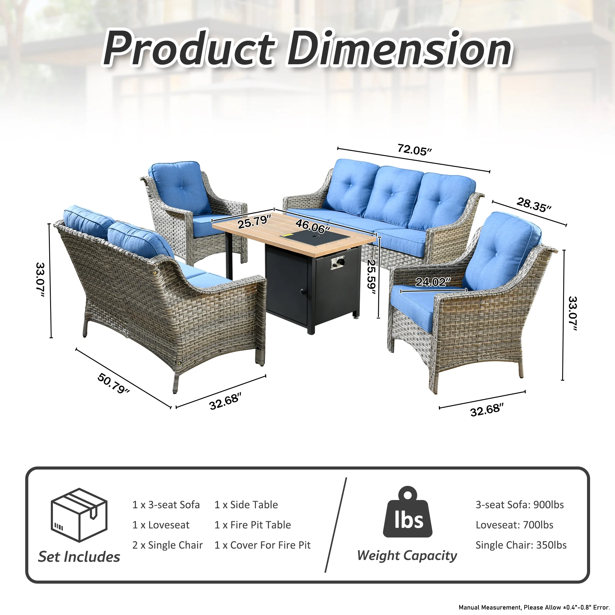 HOOOWOOO Patio Furniture Set All Weather Rattan Wicker Conversation Set with Smokeless Fire Pit Table,Diamond Blue