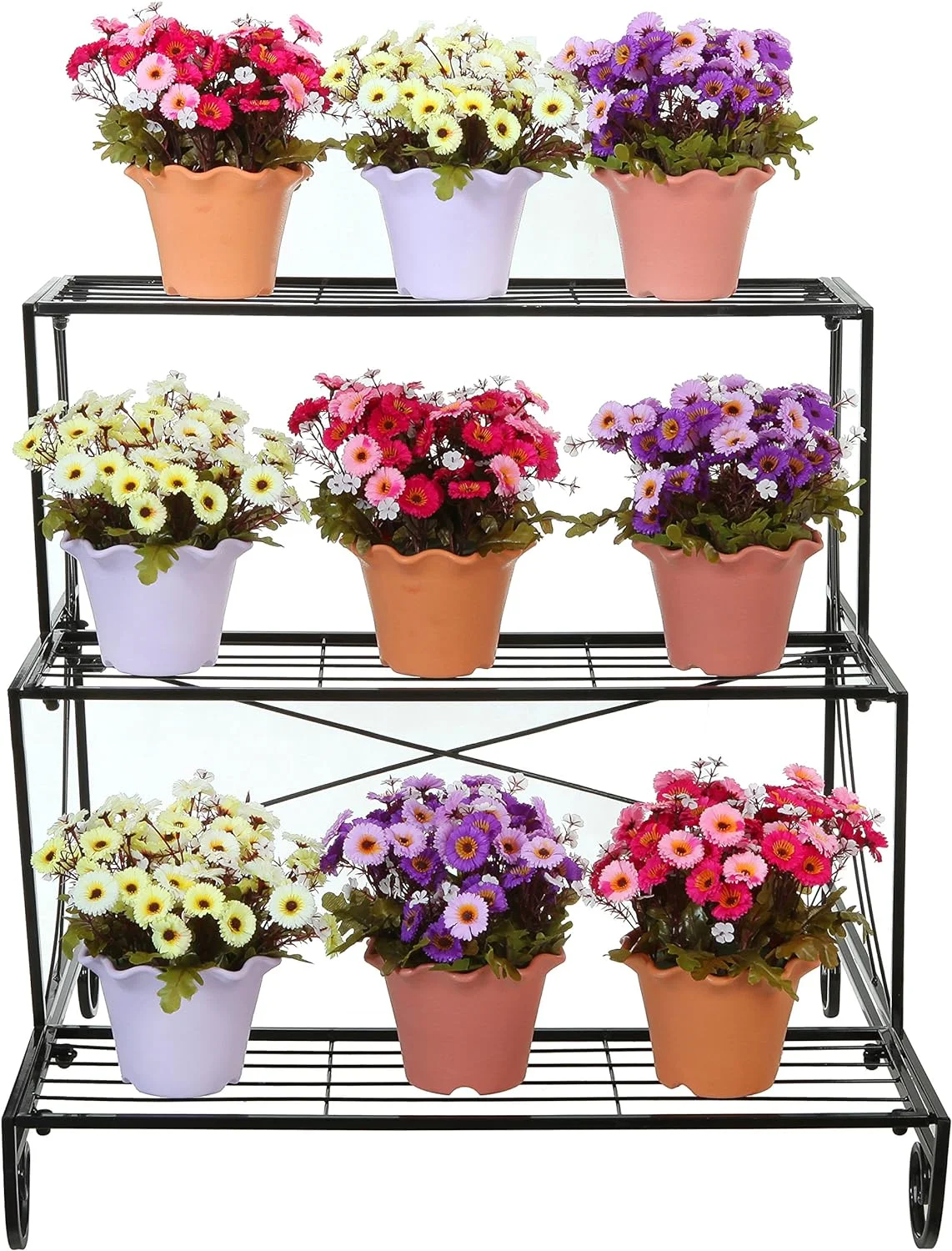 Black Metal Plant Stand, 3-Tier Decorative Indoor Outdoor Flower Pot Holder Rack, Multiple Planter Pot Storage Shelf for Garden Patio Balcony Porch Corner Living Room