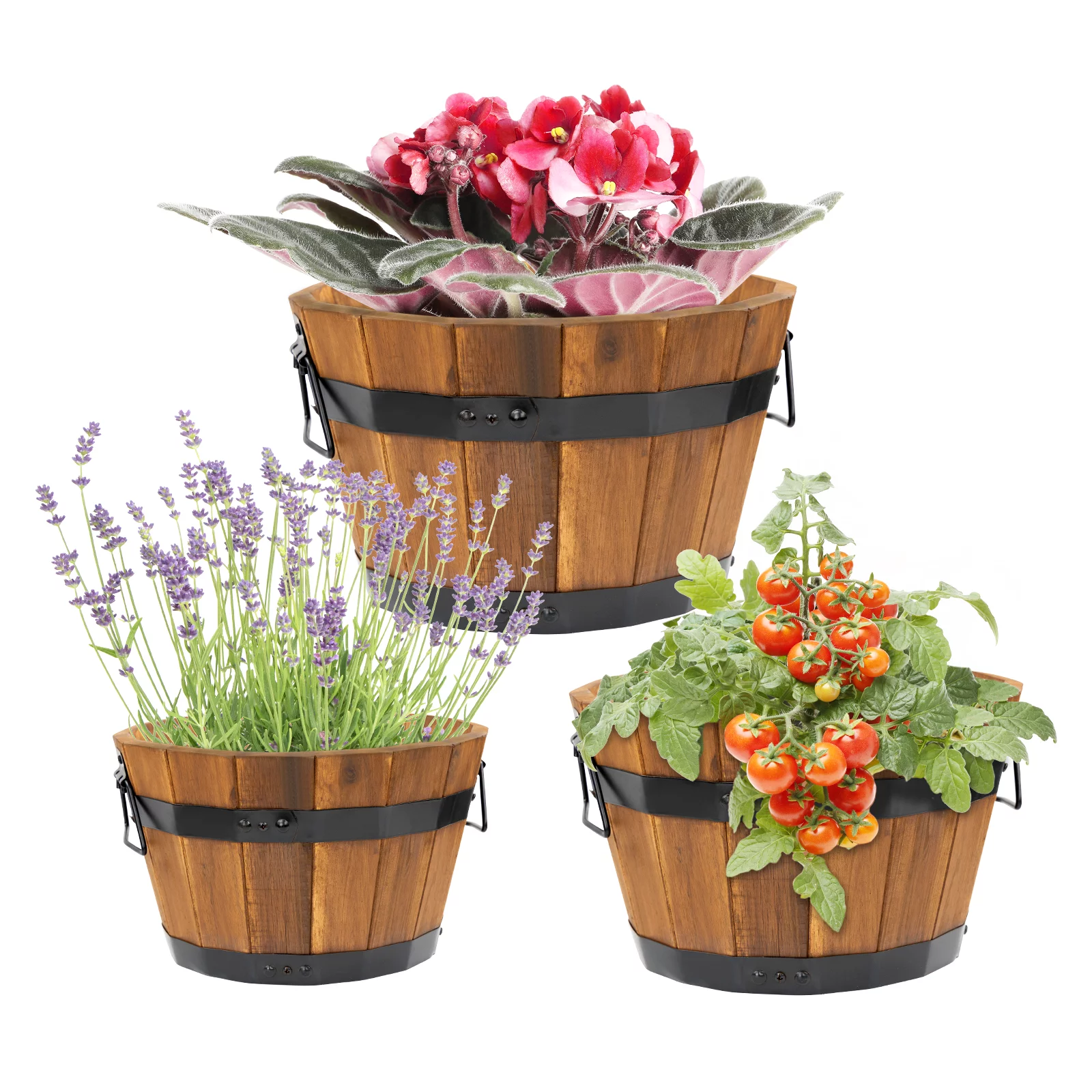 Idzo Set of 3 Wooden Barrel Planters Outdoor, Durable Acacia Wood Flower Boxes for Outdoor Plants with E