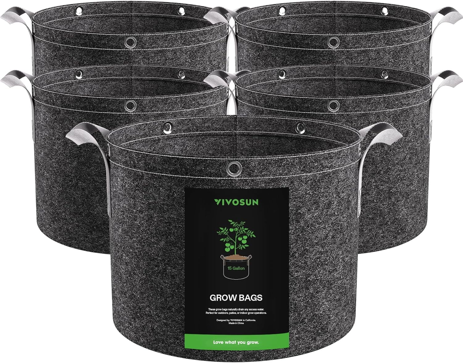 VIVOSUN 15 Gallon Grow Bags, 360G Thick Nonwoven Fabric Pots with Strap Handles, Multi-Purpose Rings, 5-Pack