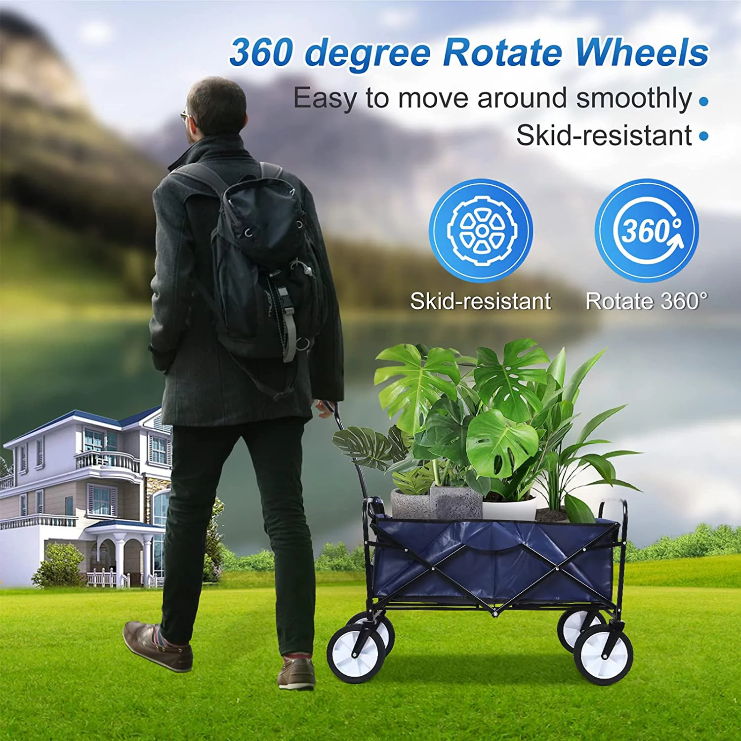 YSSOA Rolling Collapsible Garden Cart Camping Wagon, with 360 Degree Swivel Wheels & Adjustable Handle, 220lbs Weight Capacity,Blue