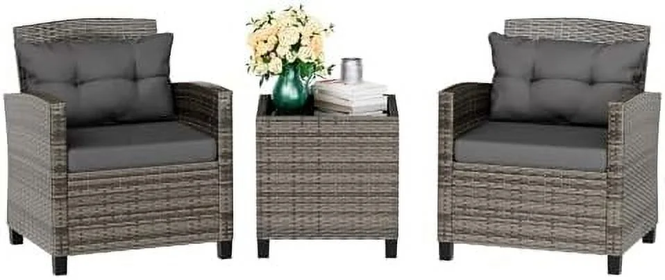 AYFDEGT 3 Piece Patio  Set Small Outdoor Wicker Rattan Front Porch  Cushioned Patio Chairs Conversation Set with Glass Table for Lawn  Garden  Backyard  Balcony  Poolside (Grey)