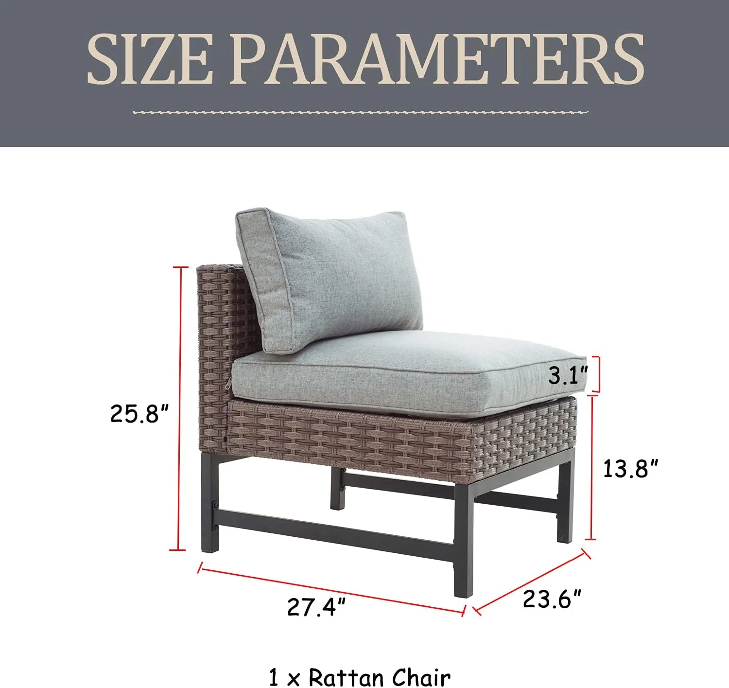 xrboomlife Wicker Patio Sofa Chair Armless with Cushions and Metal Frame Outdoor  for Garden Backyard Pool  Brown