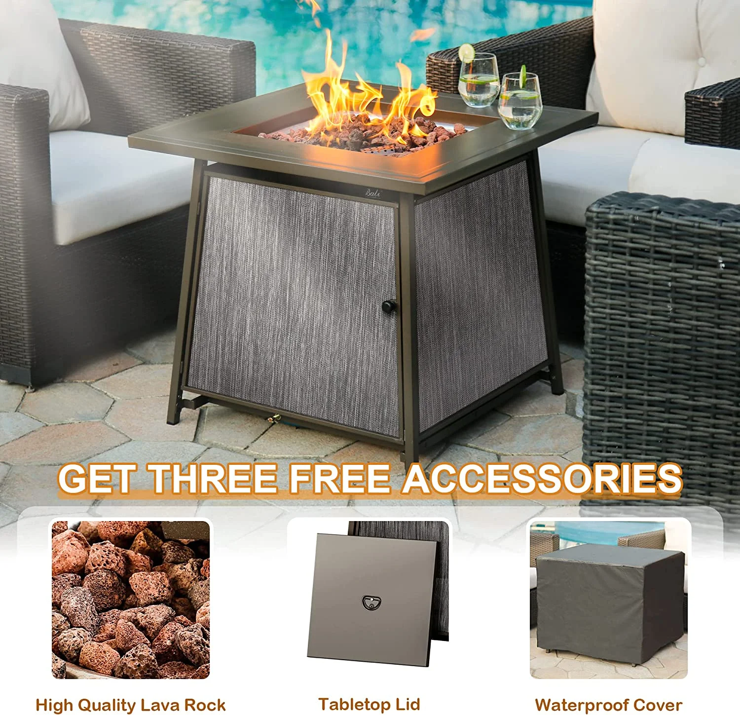 Gas FirePit Table 28 Inch Propane Fire Pit Table 50,000 BTU with Free Lava Rock, Tabletop Lid, Waterproof Cover, Square Outdoor Table for Patio and Garden