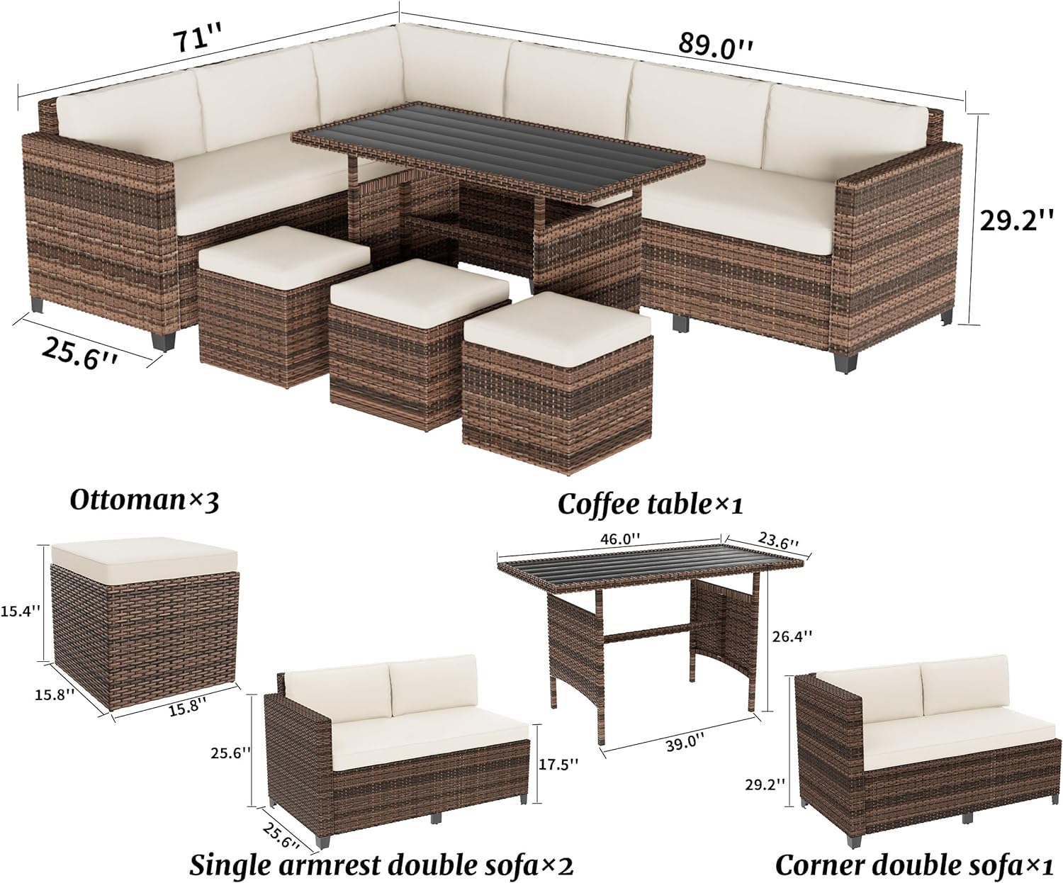 Dina 7 Piece Patio Furniture Set  Outdoor Furniture Patio Sectional Sofa  All Weather PE Rattan Outdoor Sectional with Beige Cushions and Table.