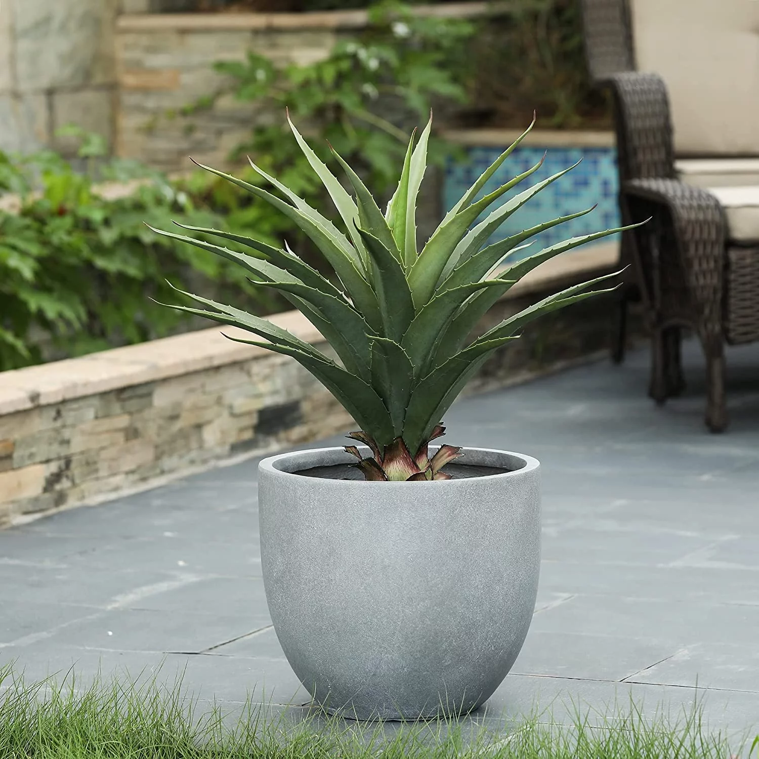 Round Light Gray Stone Planter, Flower Pots for Front Porch, Indoor Outdoor Use in Patio Living Room Garden Courtyard