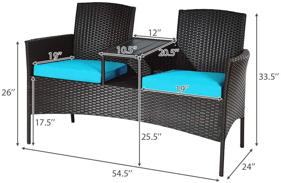 Dina Wicker Patio Conversation Furniture Set  Outdoor Furniture Set with Removable Cushions & Table  Tempered Glass Top  Modern Rattan Bench for Garden Lawn Backyard (White)