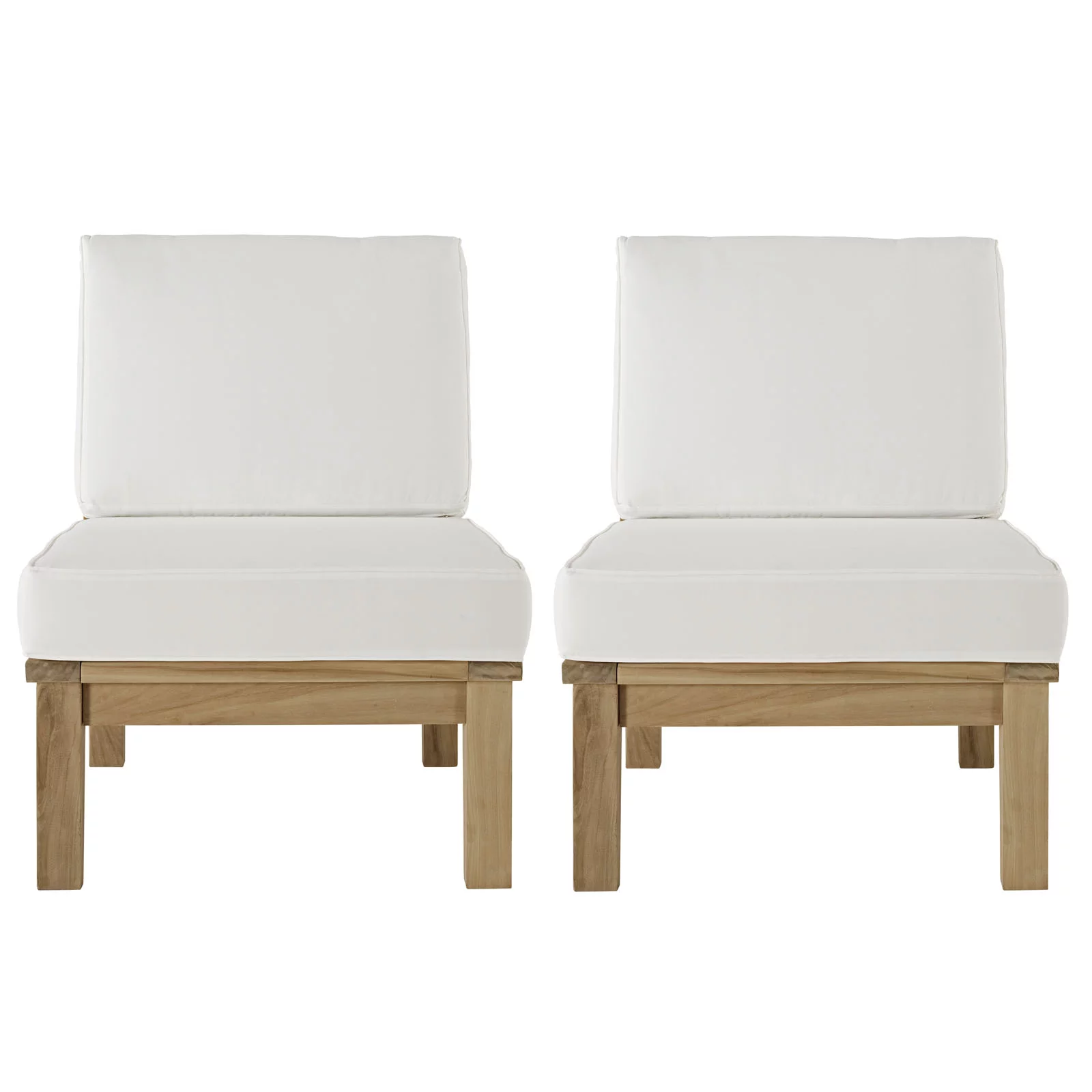 Modern Contemporary Two PCS Outdoor Patio Teak Sofa Set, White, Fabric, Wood
