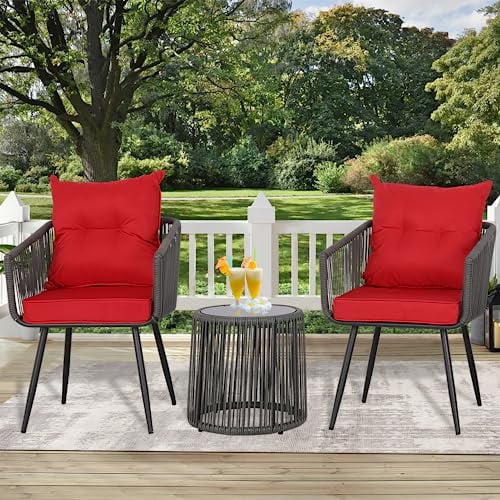 3 Piece Outdoor Bistro Set Patio Set Balcony Furniture Outdoor Furniture Rattan Chair Conversation Sets with Side Table for Porch, Backyard, Balcony (DGRY-Red)