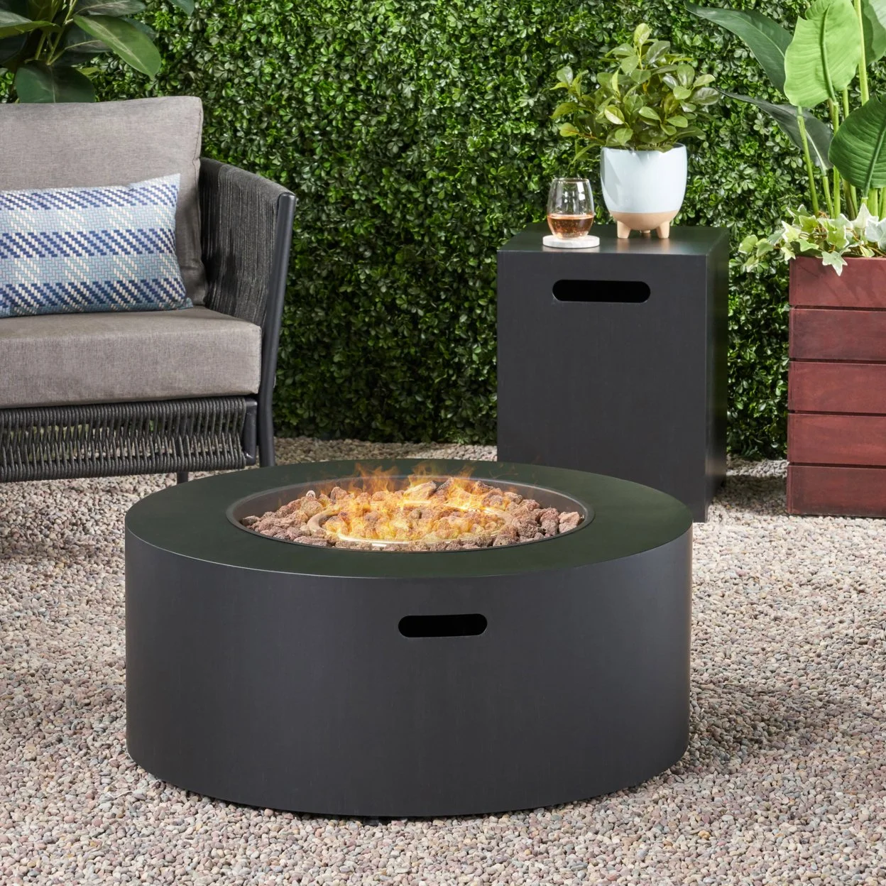 GDF Studio Jasmine Outdoor 40,000 BTU Iron Circular Fire Pit with Tank Holder, Dark Gray