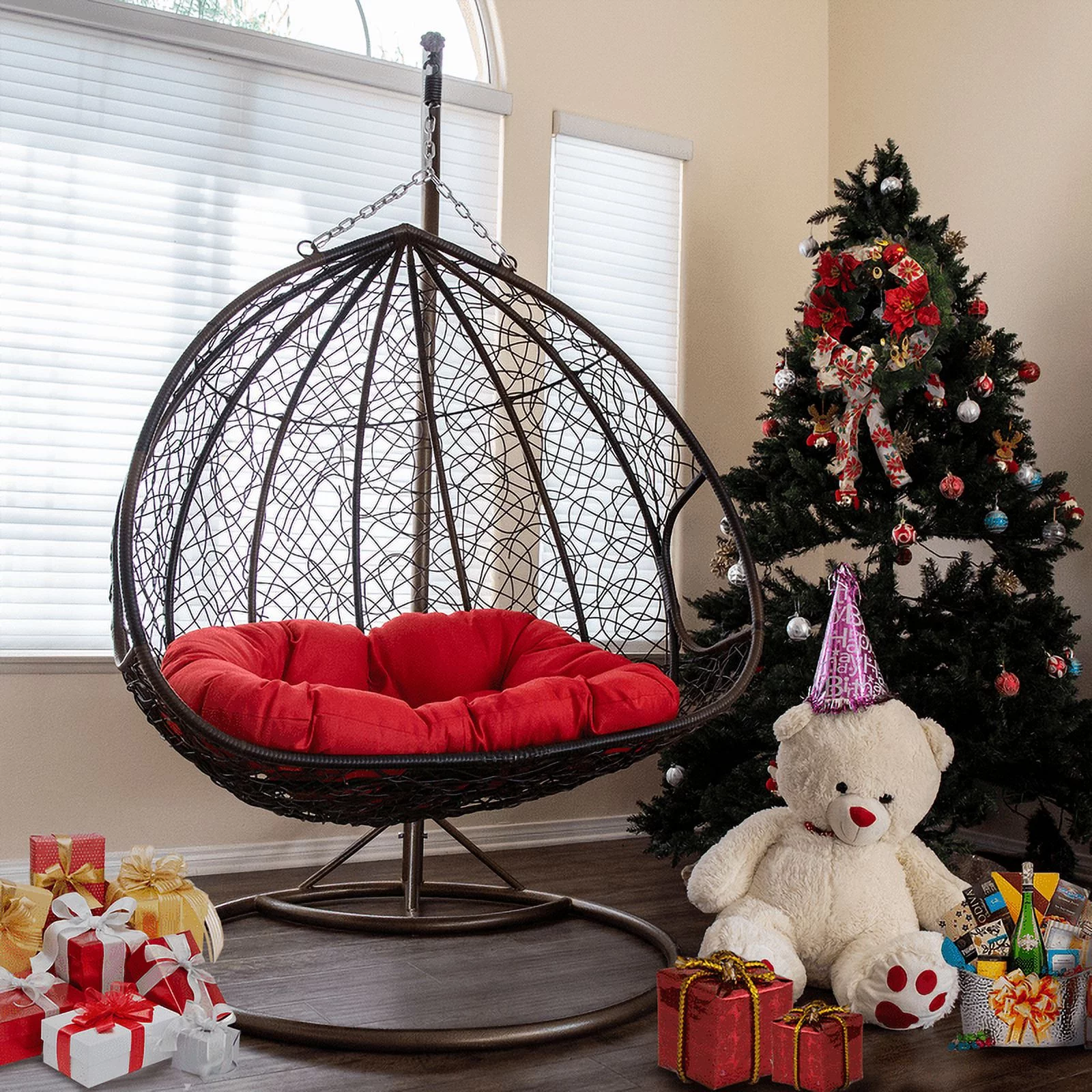 Double Seats Outdoor Wicker Swing with Red Cushion & Frame Outdoor Wicker Seating