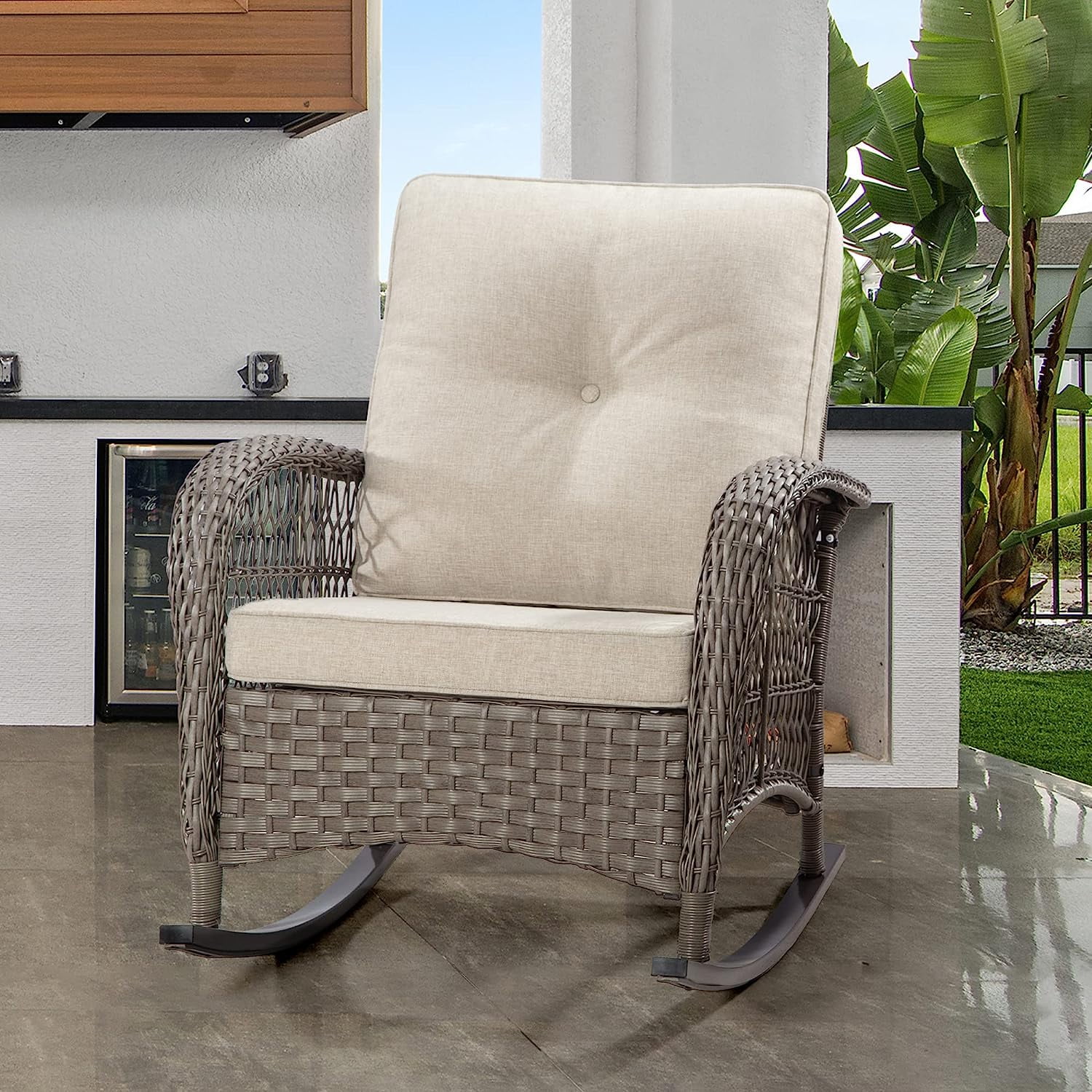 Patio Wicker Rocking Chair - All-Weather Outdoor Rocker Chair with Safe Rocking Design and Premium Fabric Cushions(Mixed Grey/Beige)