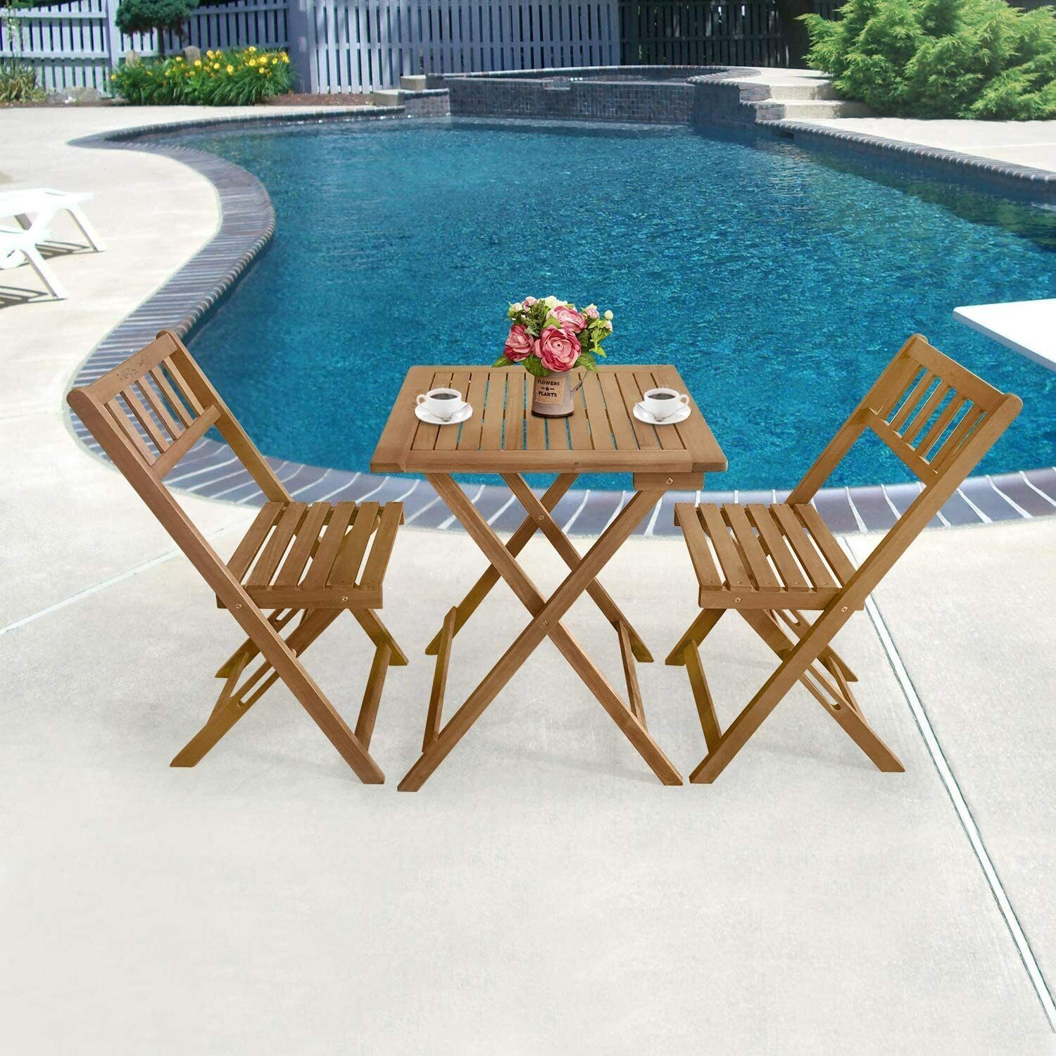 3 Piece Wood Bistro Set Folding Patio Furniture Set Outdoor Table and Chairs Set