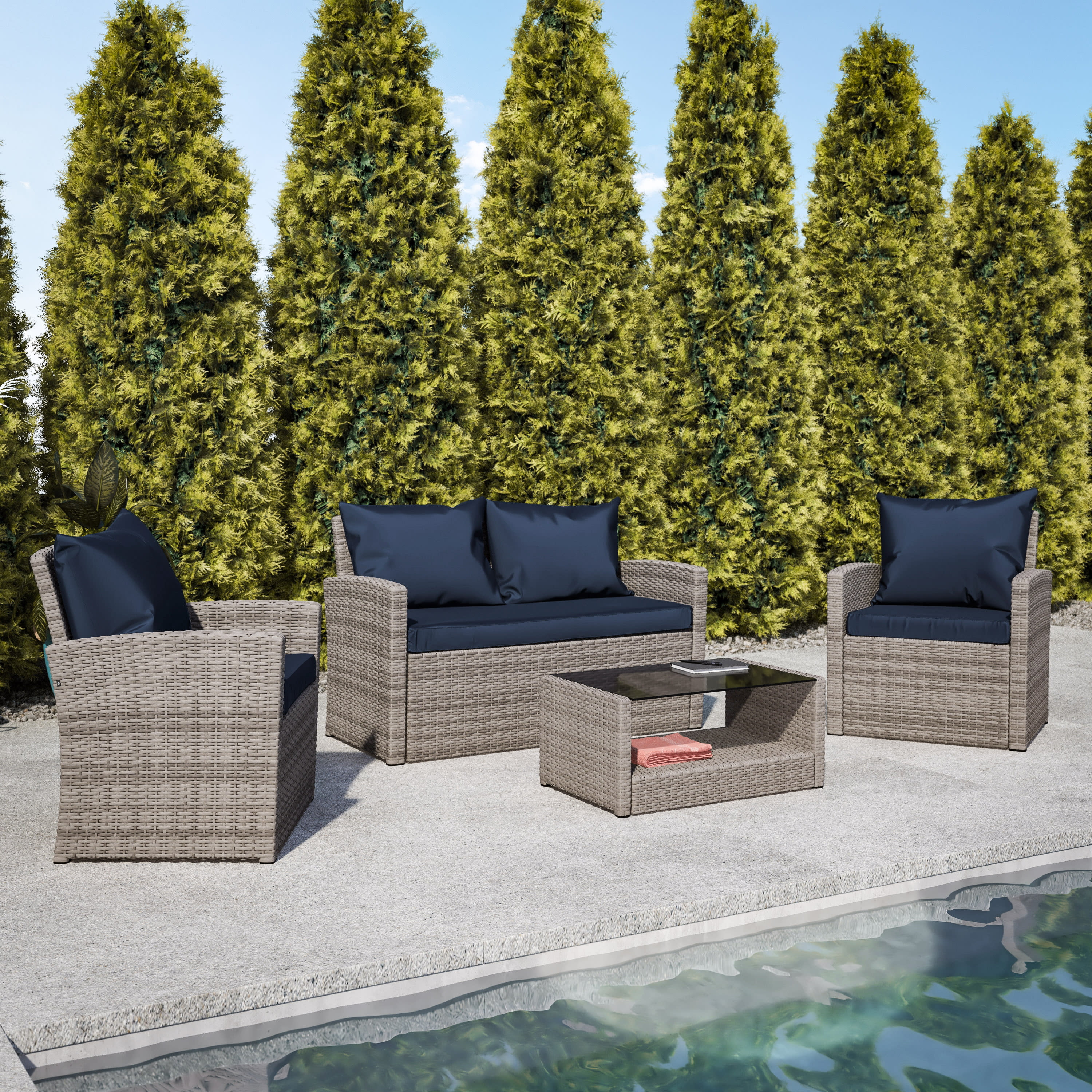 BizChair Series 4 Piece Light Gray Patio Set with Navy Back Pillows and Seat Cushions
