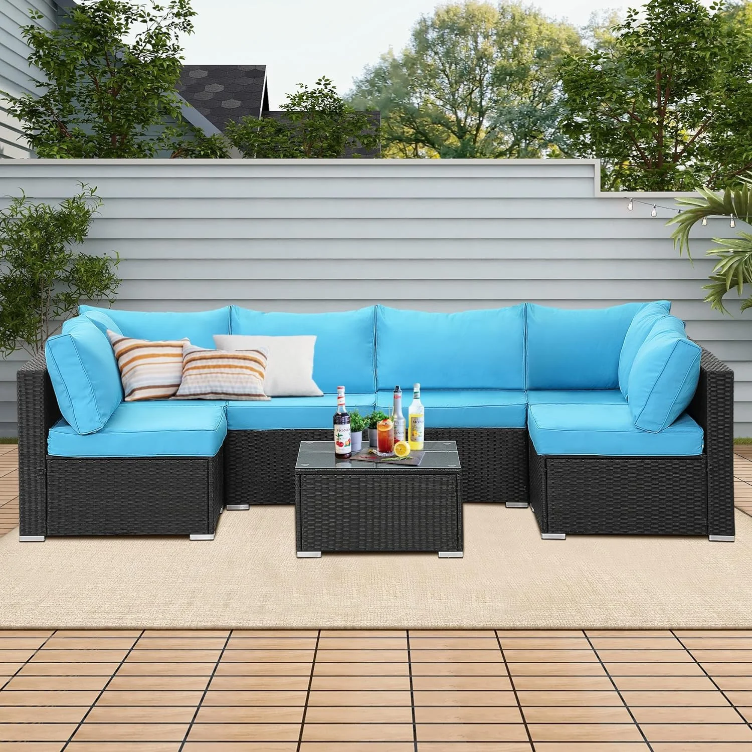 Dina 7-Piece Patio Furniture Set  All Weather Outdoor Wicker Conversation Set with Cushions & Tempered Glass Desktop  PE Rattan Sectional Sofa Set for Garden Yard (Black Rattan &