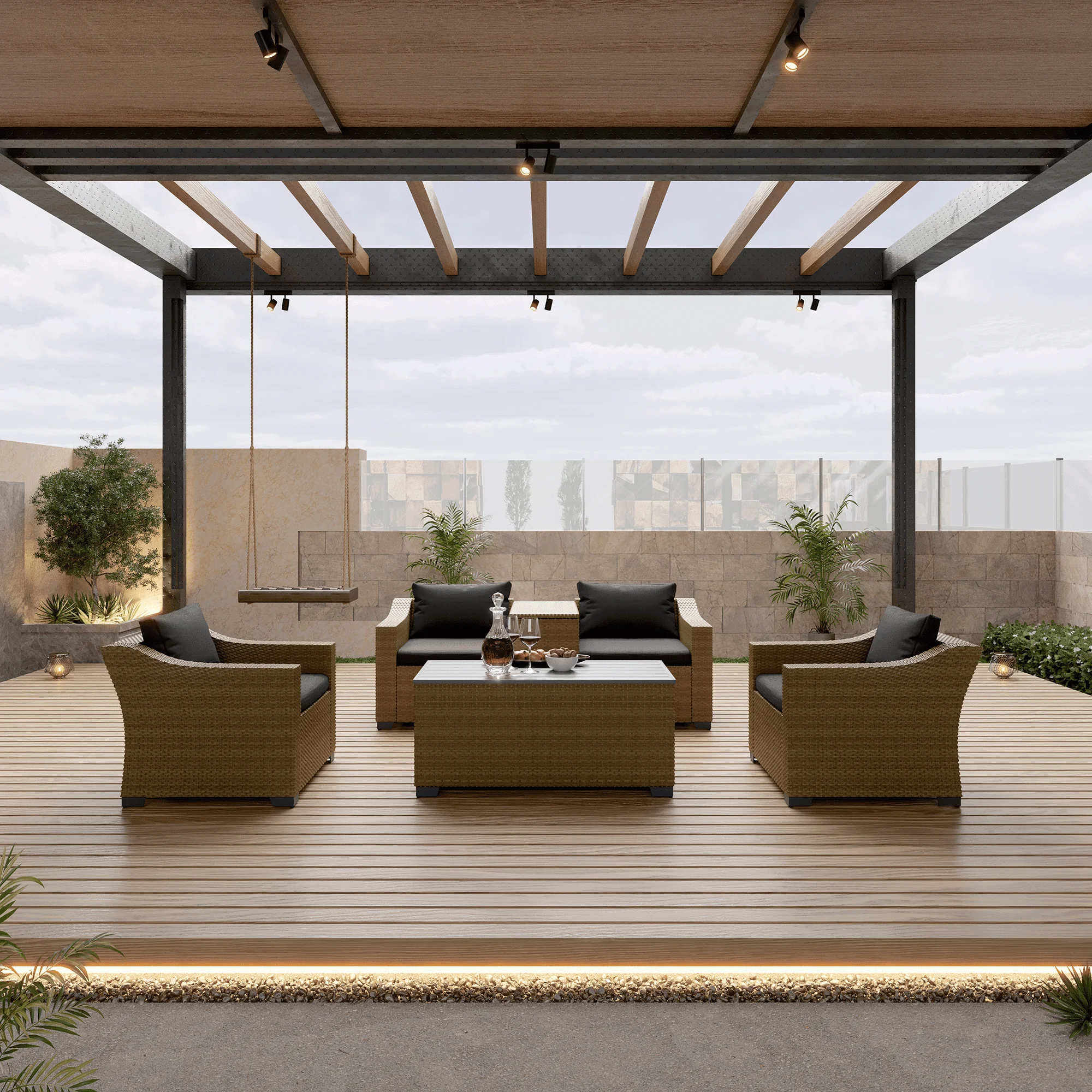 Bifanuo Extra Large Outdoor Rattan 6-Piece Conversation Set - Featuring Wine Cabinet, Coffee Table (YE-BK)